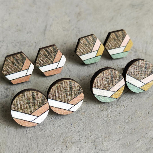 Handmade Wood Painted Geometric Stud Earrings