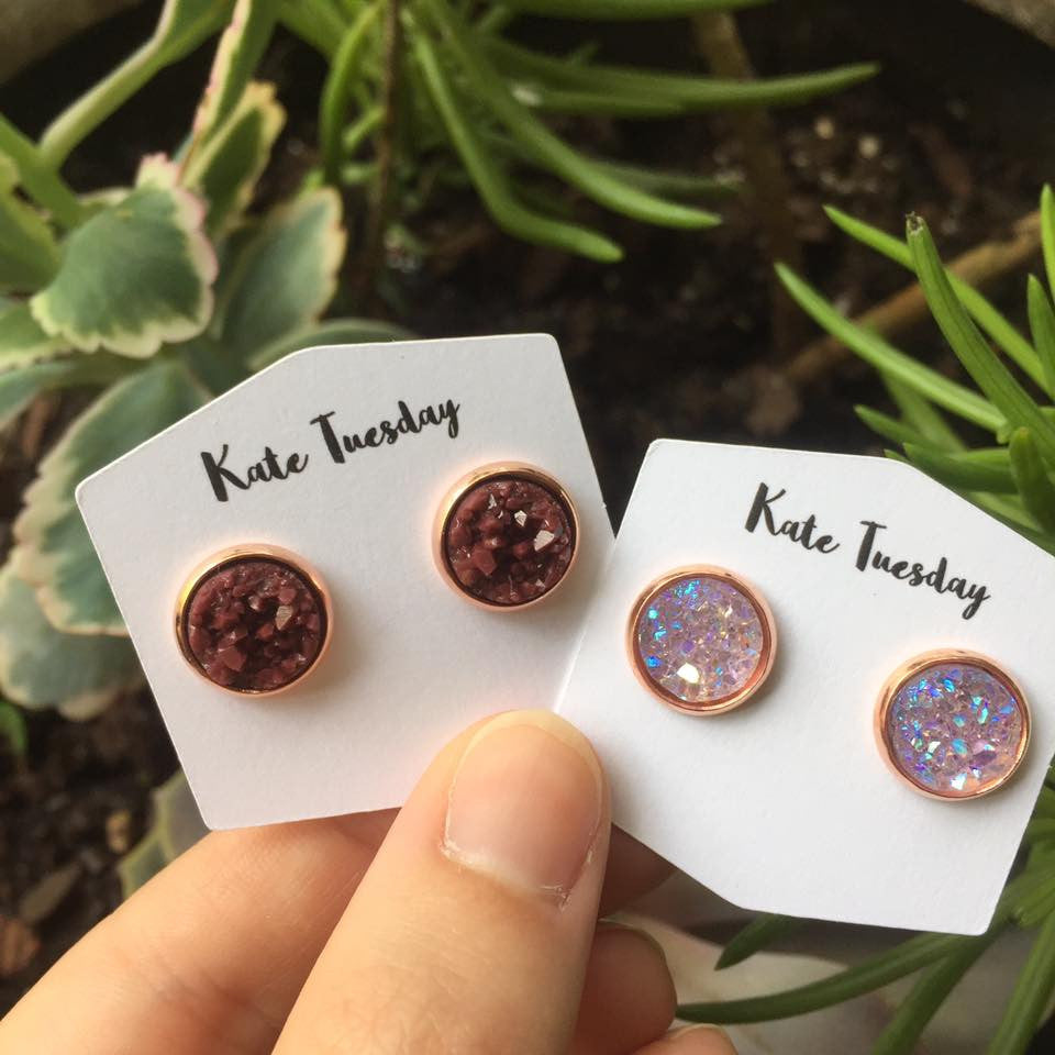 10mm Maroon and Light Purple Sparkly Druzy Earrings