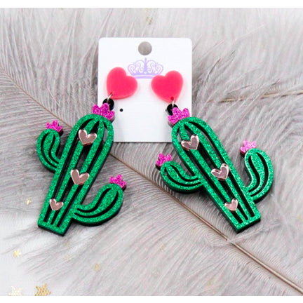 Glittery Cactus Earrings Pink and Green