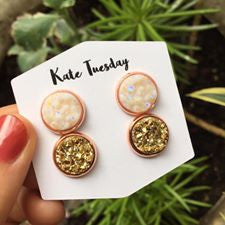 Double White + Gold Druzy Earrings Set