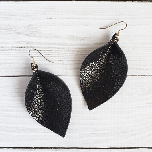 Black Stingray Leather Leaf Earrings