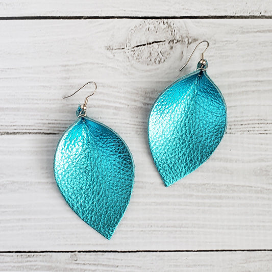 Metallic Blue Leather Leaf Earrings