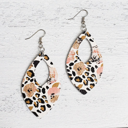 Leopard Print Pansies Leather Open Teardrop Earrings