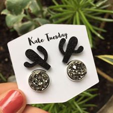 Double Set Silver and Black Cactus Sparkly Druzy Earrings