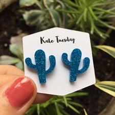 Blue Cactus Sparkly Acrylic Earrings