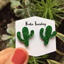 Green Cactus Sparkly Acrylic Earrings