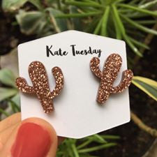 Maroon Rose Gold Cactus Sparkly Acrylic Earrings