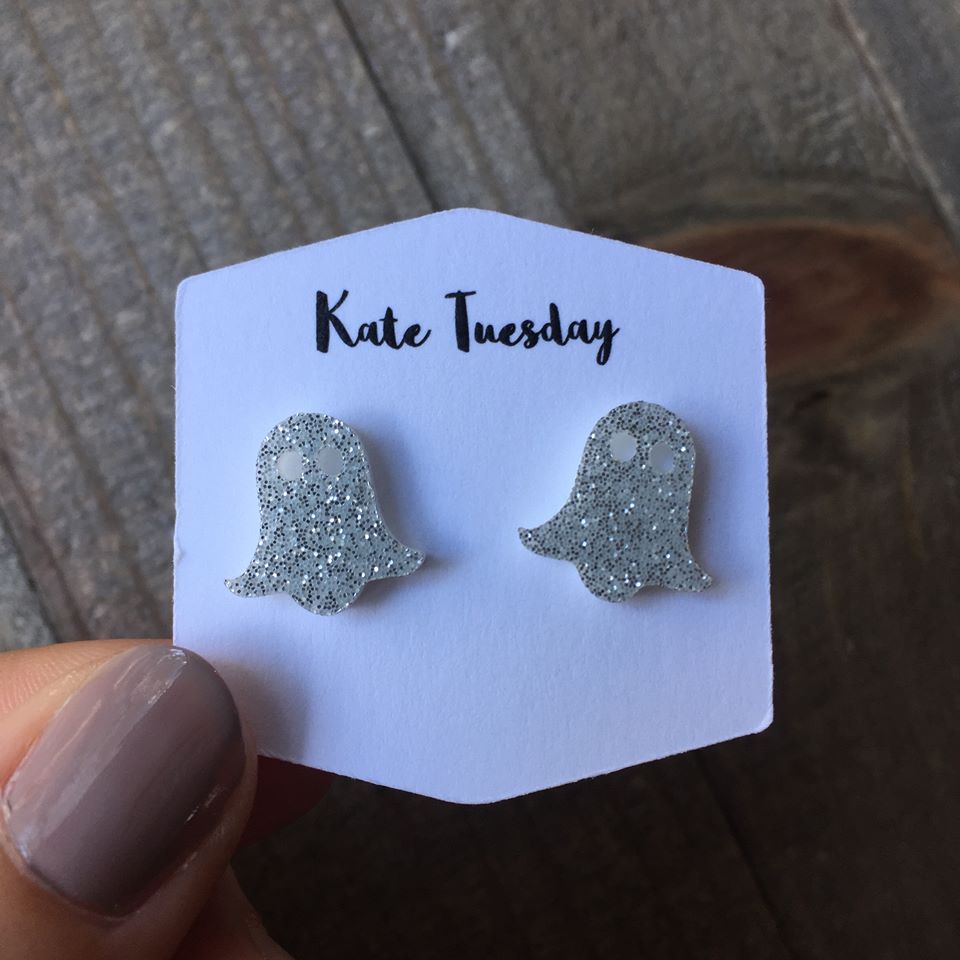Sparkly Silver Ghost Stud Acrylic Earrings