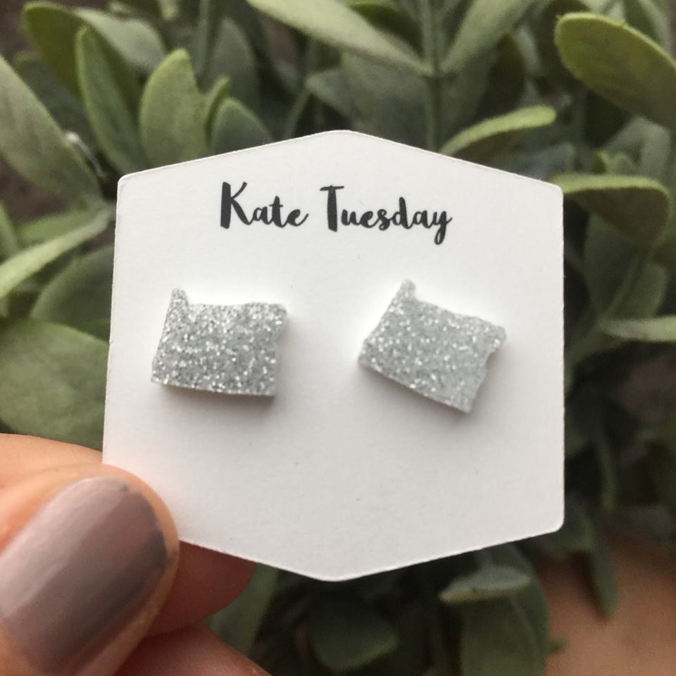 Silver Sparkly Oregon State Stud Earrings