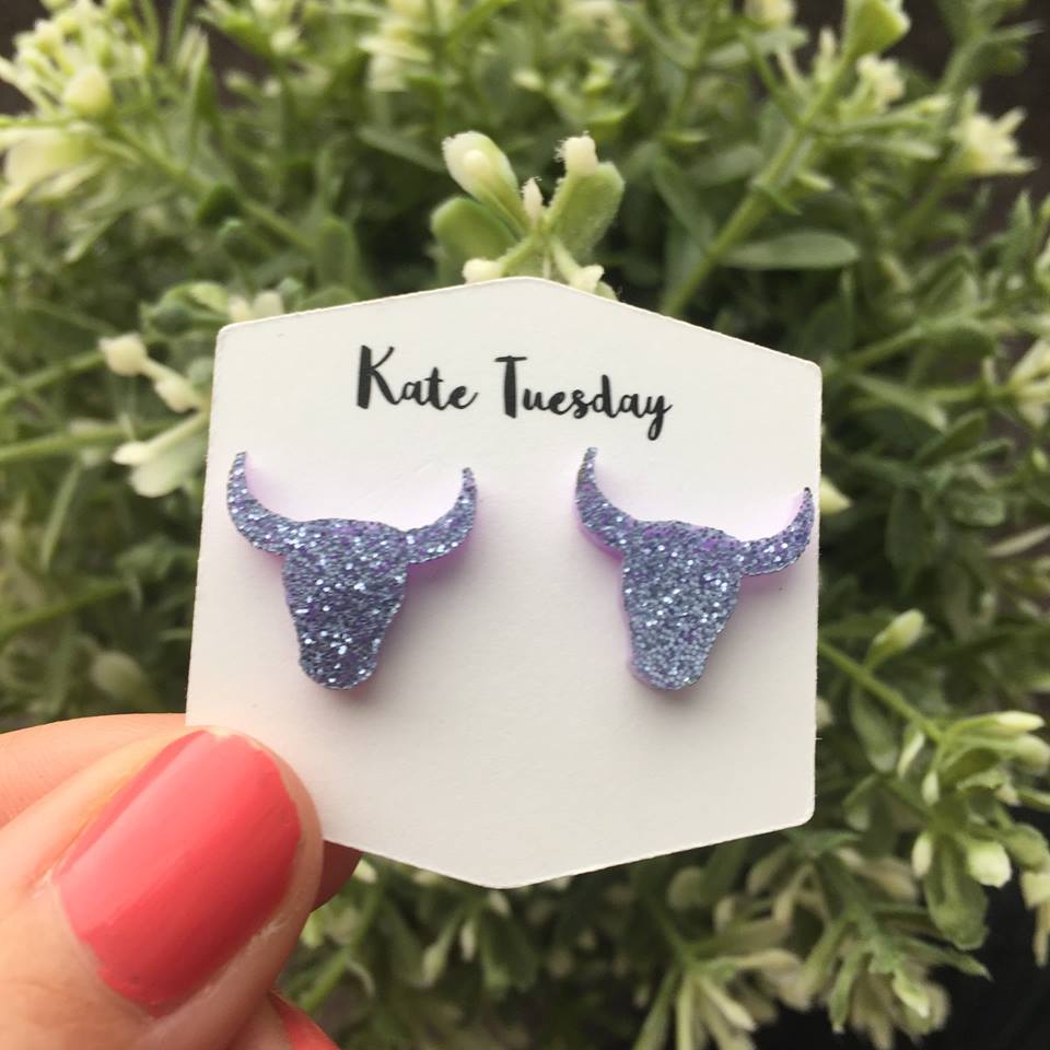 purple sparkly steer head Acrylic earrings