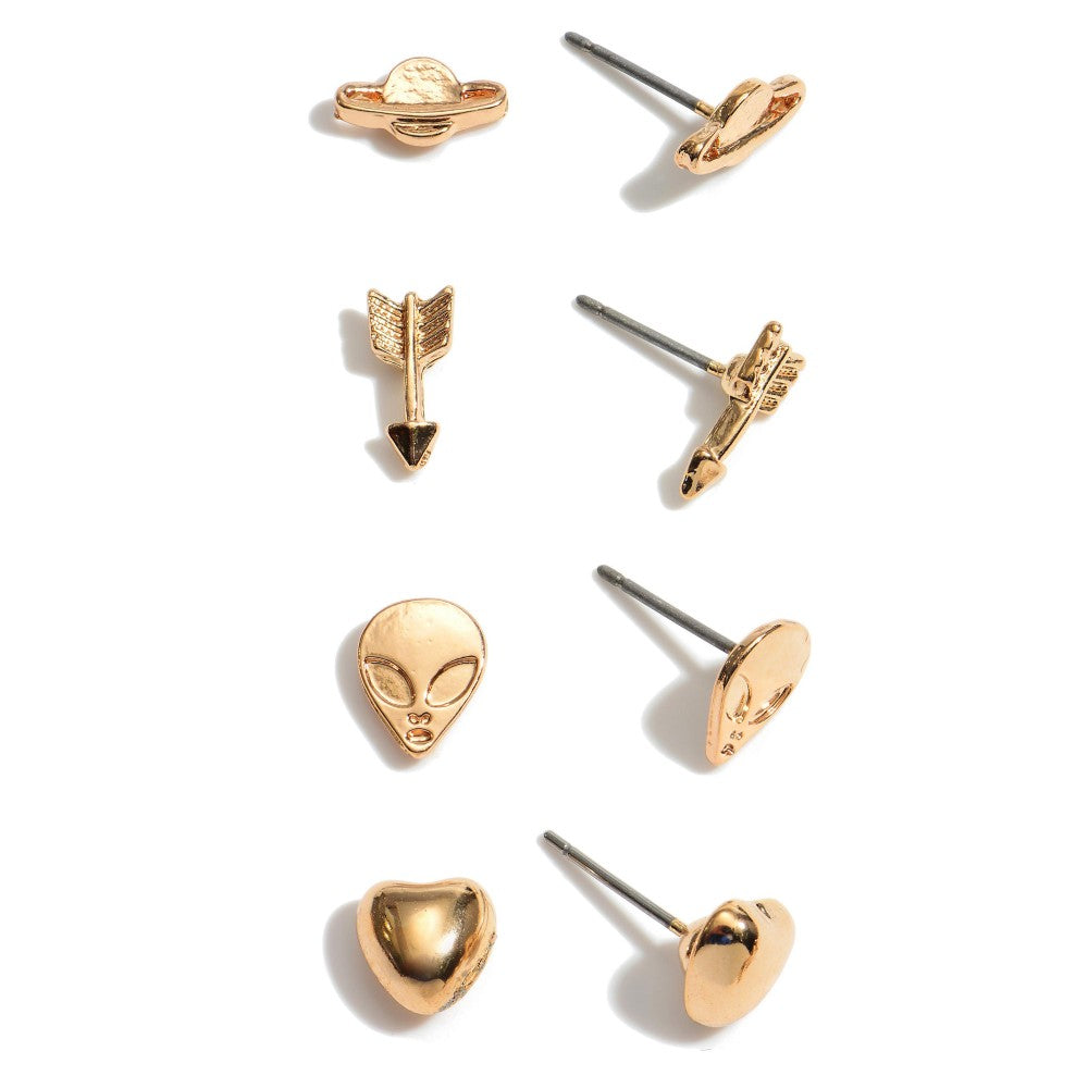 Gold Alien 4 Piece Earring Set