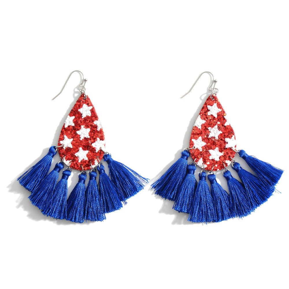 Red and Blue Star Glitter Tassel Hanging Earrings Patriotic 4th