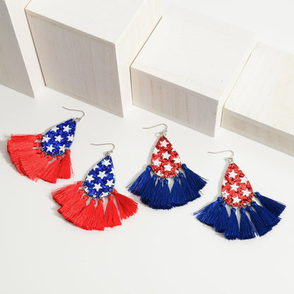 Red and Blue Star Glitter Tassel Hanging Earrings Patriotic 4th