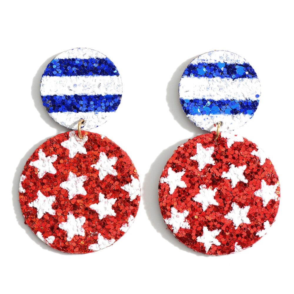 Round Red White Blue Glitter Hanging Earrings Patriotic 4th