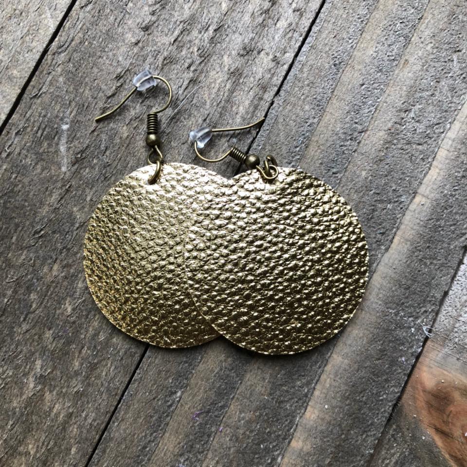 Gold Leather Round Earrings
