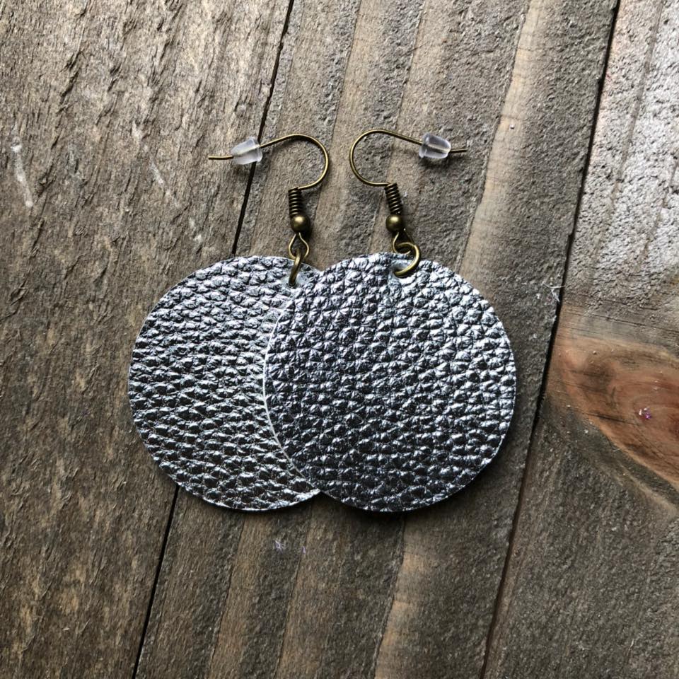 Metallic Shiny Silver Leather Round Earrings