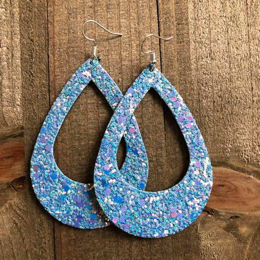 Light Blue Glitter Open Leather Teardrop Earrings