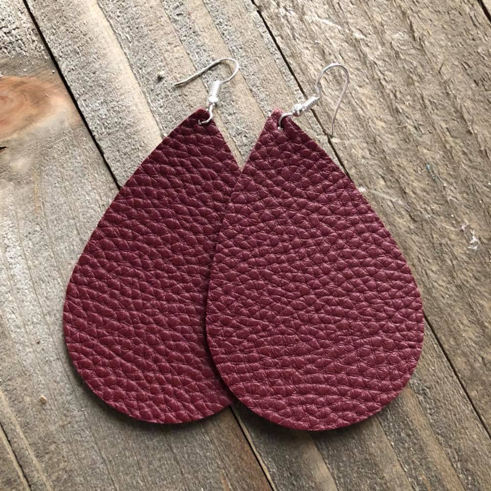 Maroon Red Leather Teardrop Earrings