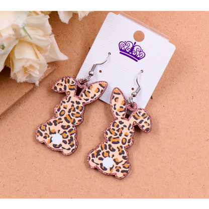 Leopard Cheetah Easter Bunny Rabbit Earrings Glitter Hanging