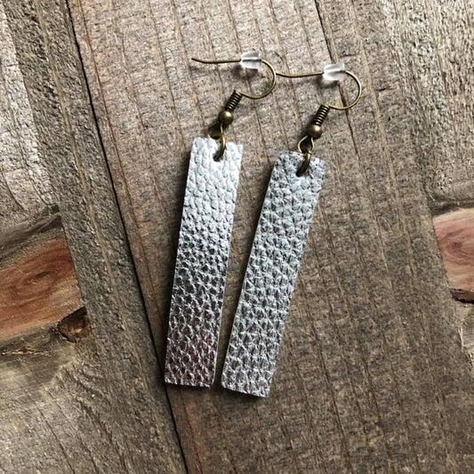 Silver Hanging Bar Leather Earrings