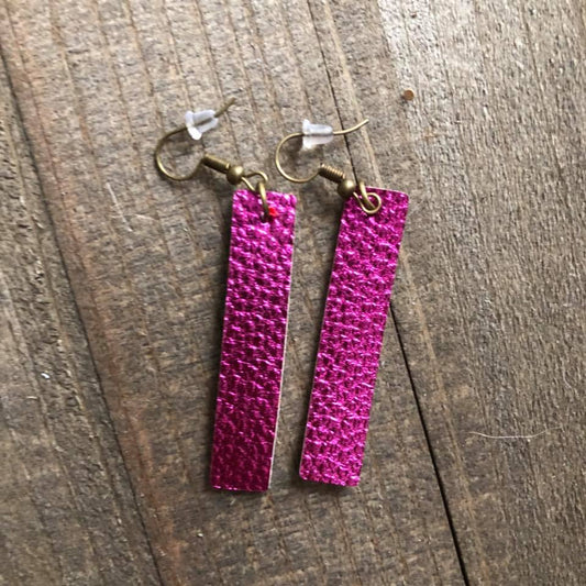 Hot Pink Hanging Bar Leather Earrings