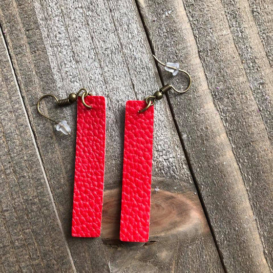 Red Hanging Bar Leather Earrings
