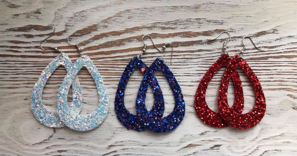 Red, White and Blue Glitter Open Teardrop Earrings 4th of July