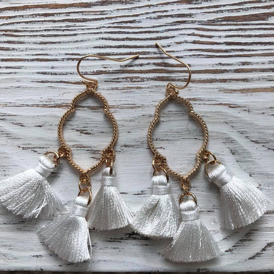 White Ava Gold Tassel Drop Hoop Earrings