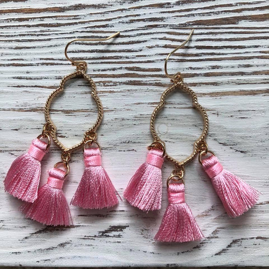 Pink Ava Gold Tassel Drop Hoop Earrings