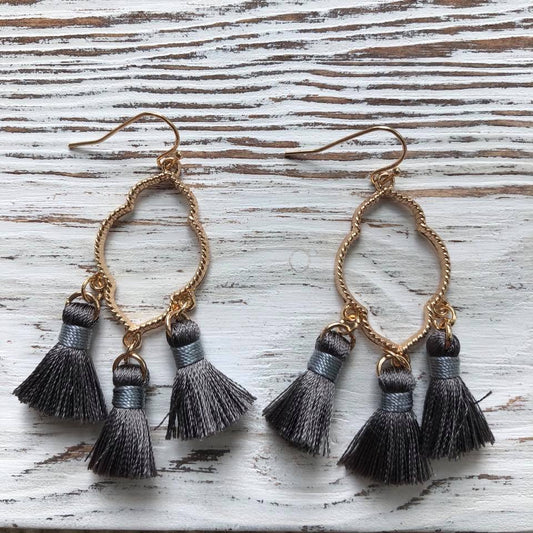 Grey Ava Gold Tassel Drop Hoop Earrings