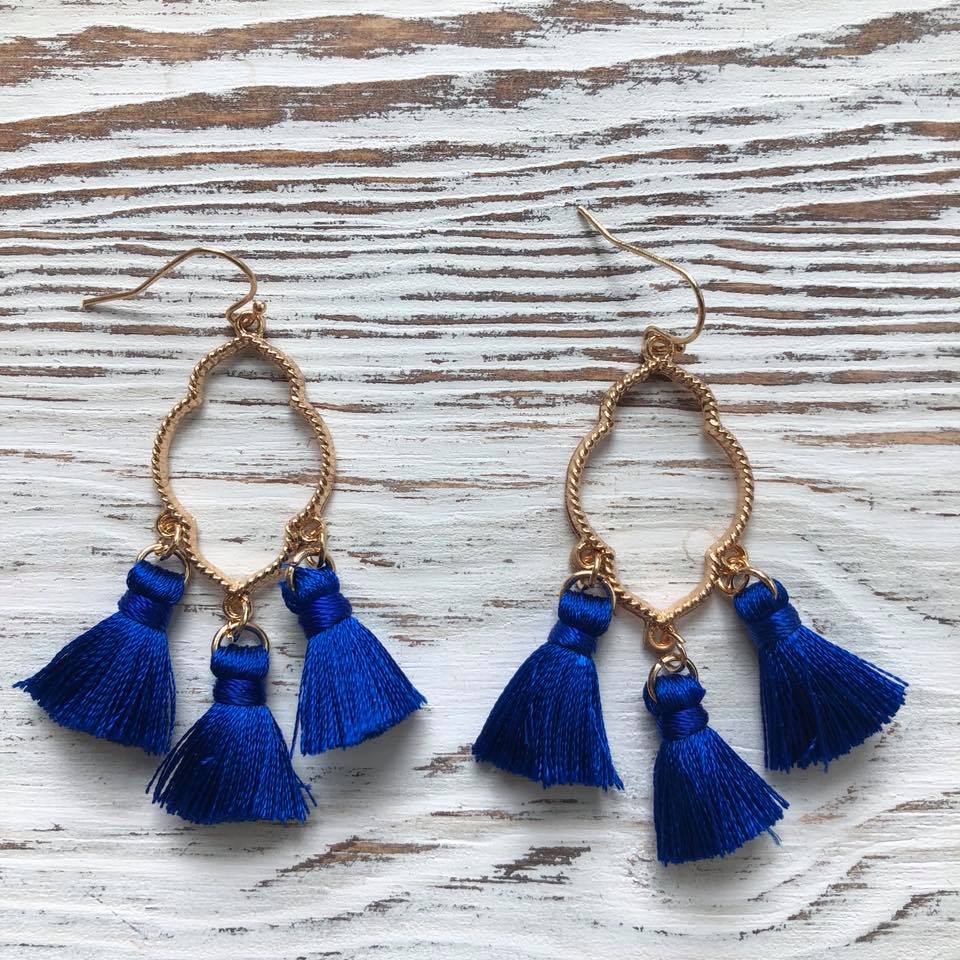 Blue Ava Gold Tassel Drop Hoop Earrings