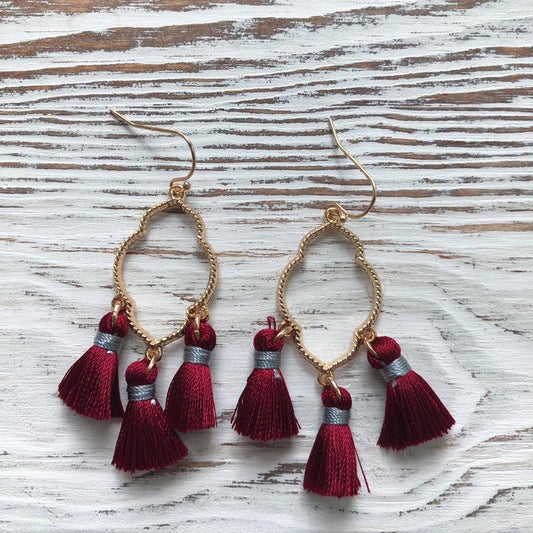 Red Ava Gold Tassel Drop Hoop Earrings