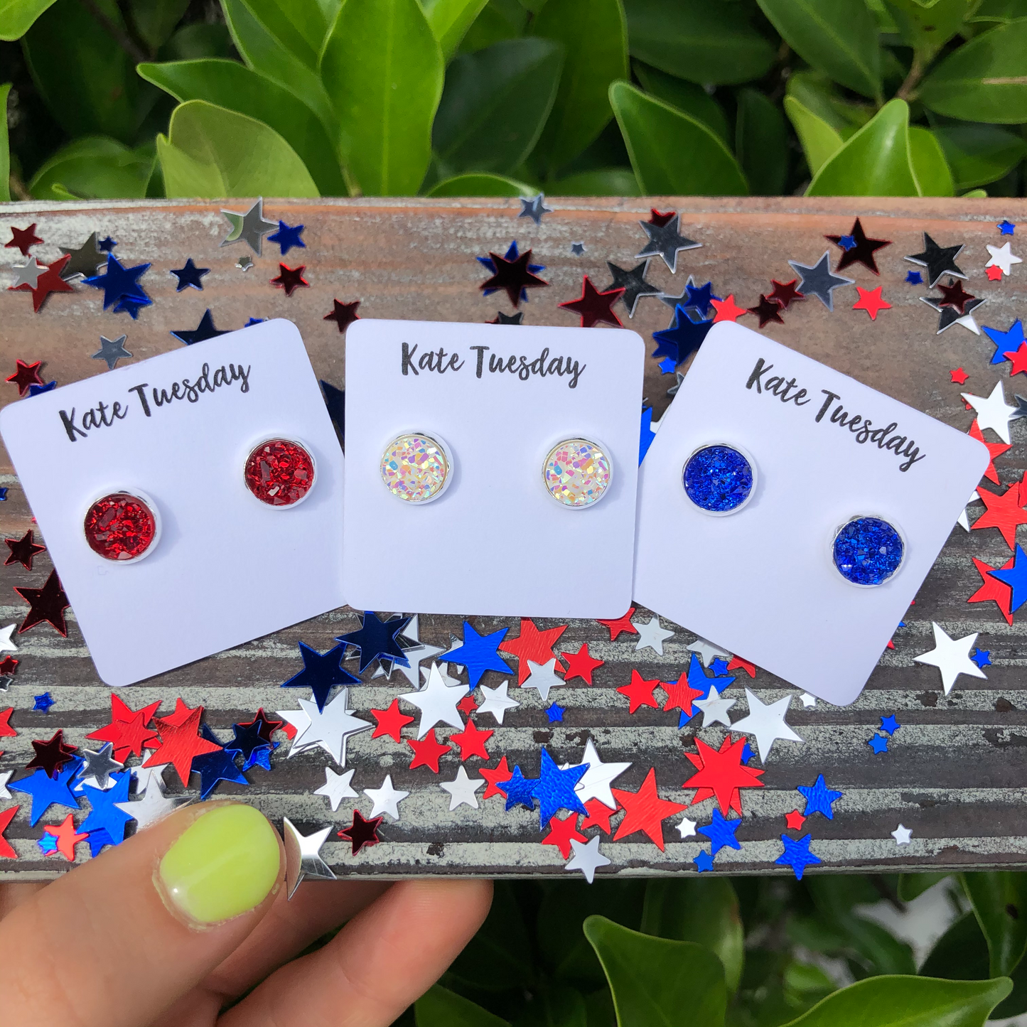 Red, White, and Blue 8mm Druzy Stud Earrings