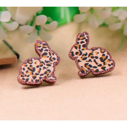 Leopard Cheetah Easter Bunny Rabbit Earrings Glitter Studs