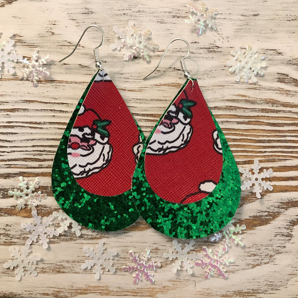 Holiday Two Layer Green Glitter Santa Earrings