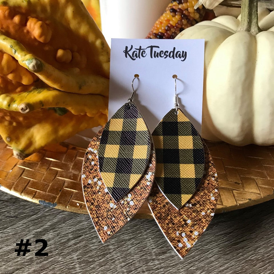 Thanksgiving Glitter and Plaid Faux Leather Earrings