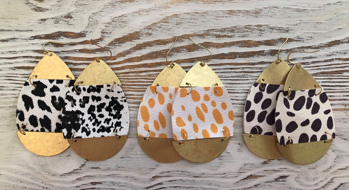 Leather Metal Cheetah Hang Earrings