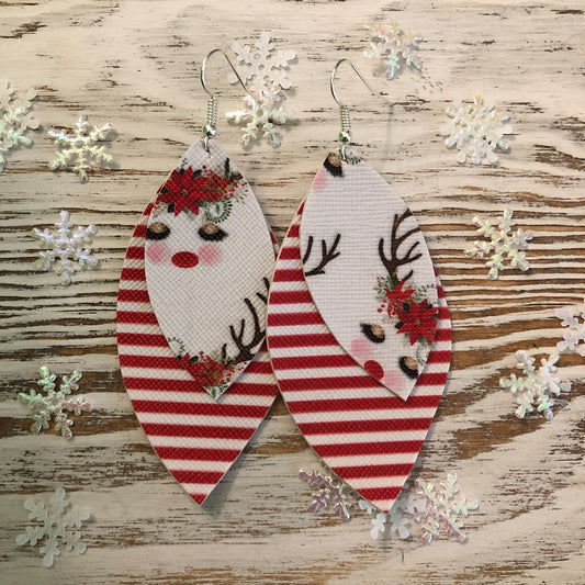 Holiday Two Layer Red White Stripe Reindeer Earrings