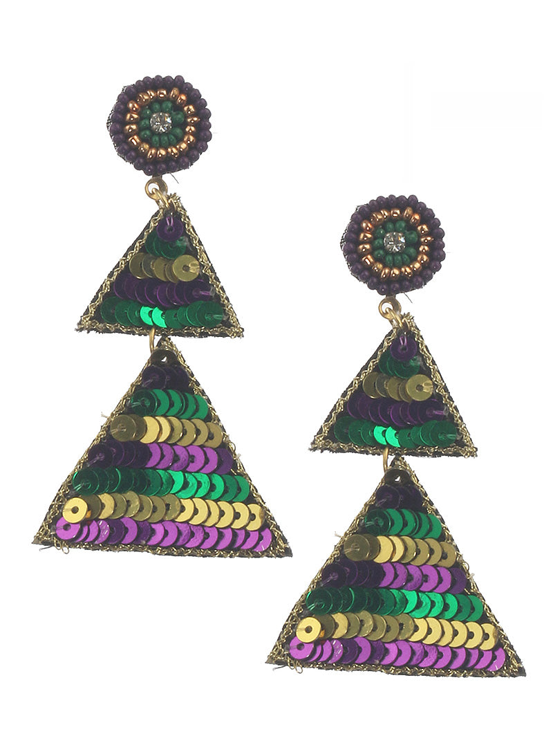Mardi Gras Sequin 3 Layer Triangle Earrings