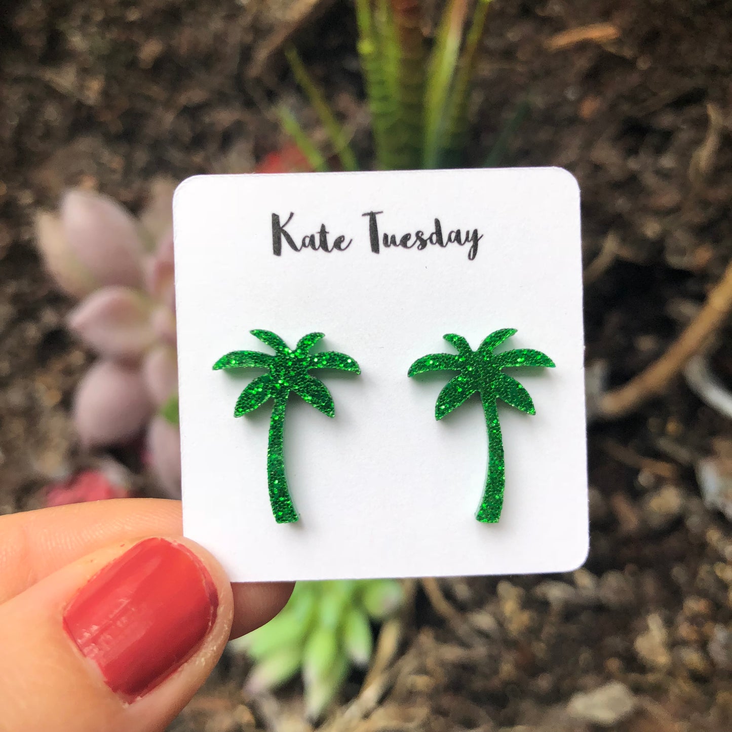 Green Palm Trees Sparkly Acrylic Earrings