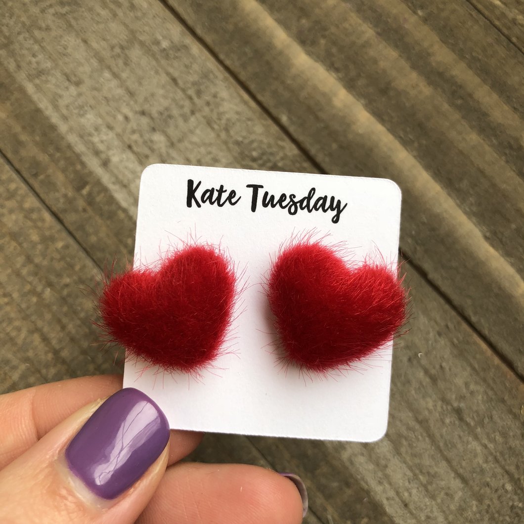 Red Fuzzy Valentines Heart Earrings