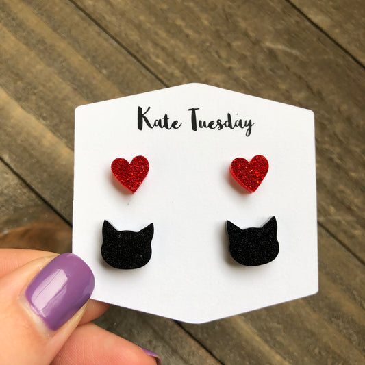 Double Set Glittery Acrylic Cat and Heart Earrings