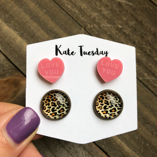 Cheetah Double Set Acrylic Heart Earrings