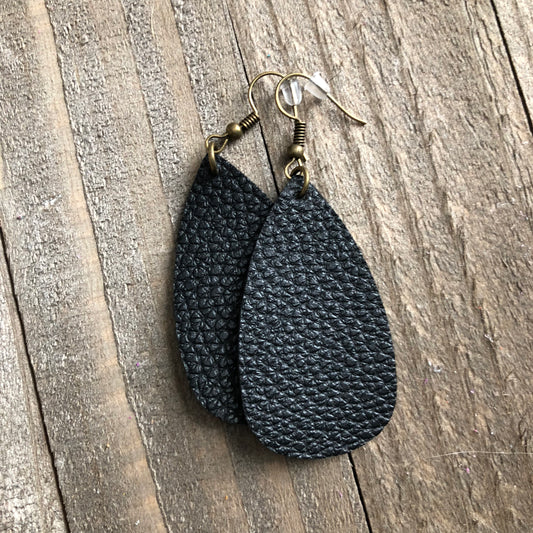 Black Leather Oval Teardrop Earrings