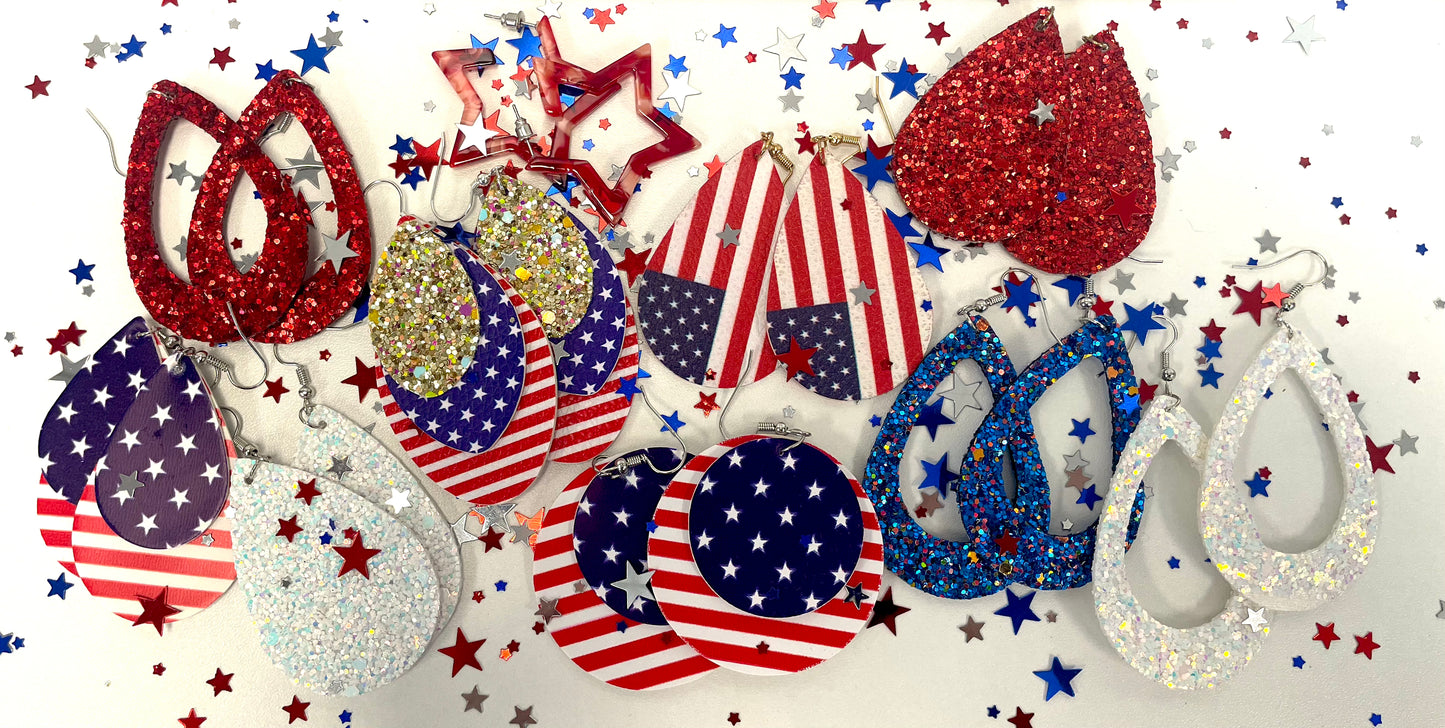 Patriotic Red White Blue Glitter Leather Earrings