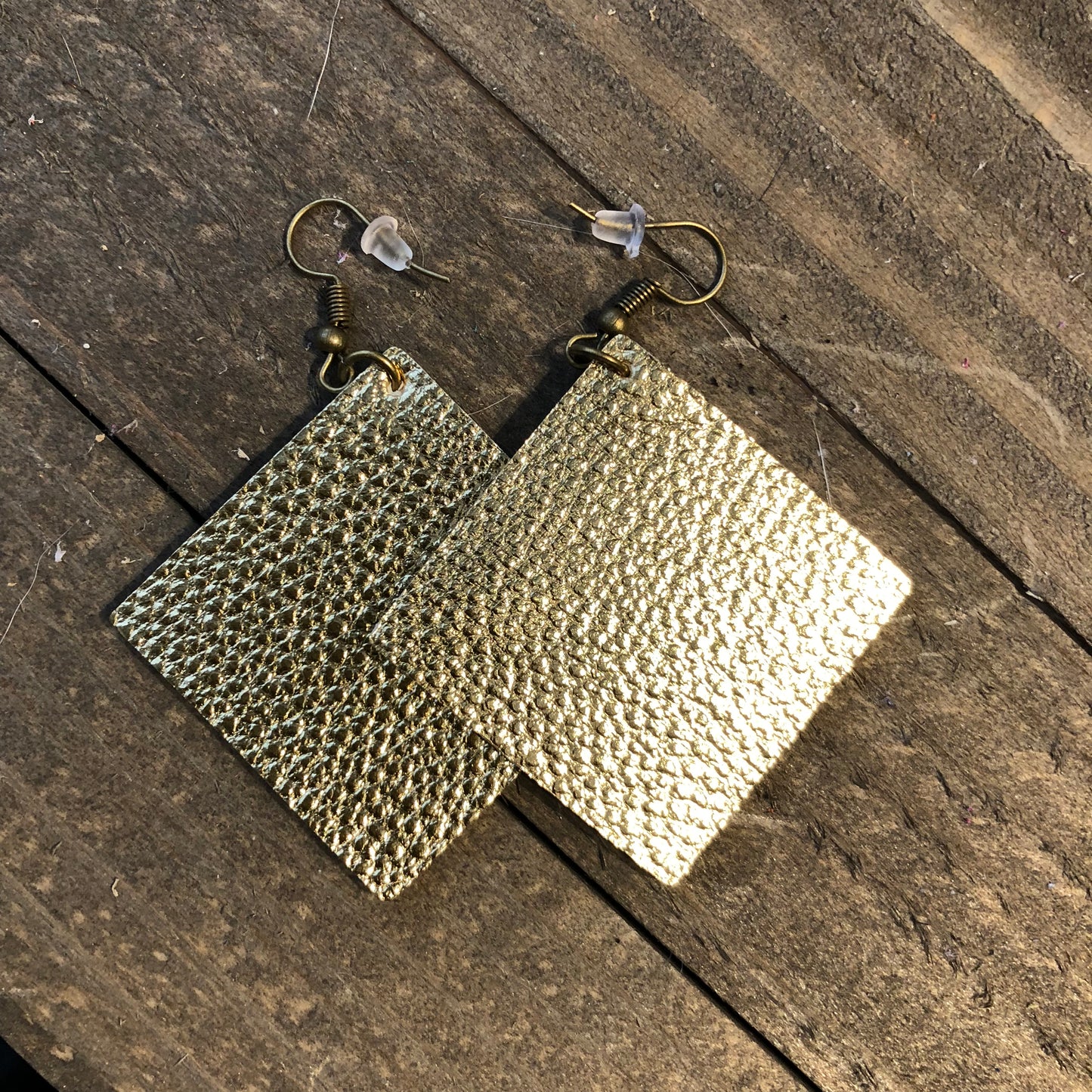 Gold Square Leather Teardrop Earrings