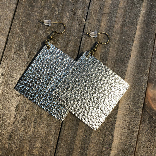 Silver Square Leather Teardrop Earrings