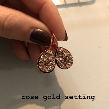 Rose Gold Druzy Teardrop Earrings Dangle Dangly