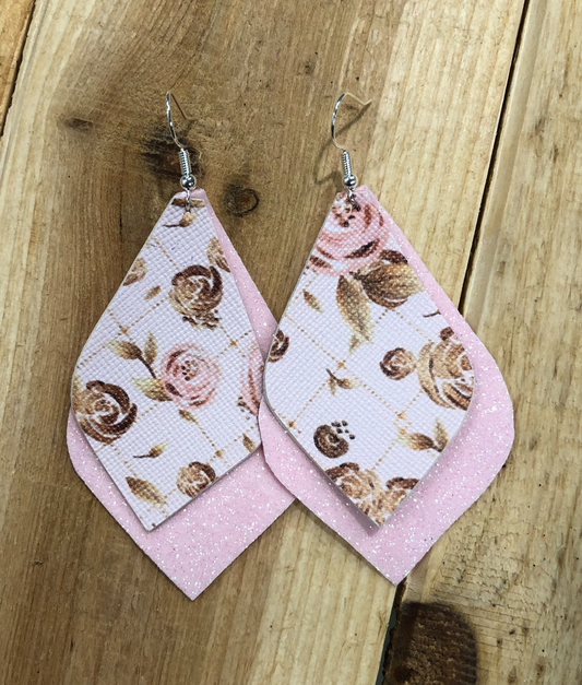 Pink Rose Glitter Faux Leather Hang Earrings