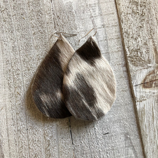 Grey White Brown Hair on Hide Leather Earrings